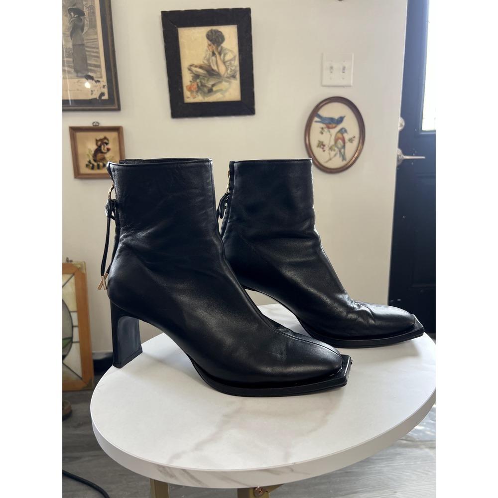Reike Nen Black Leather Square Toe Back-Zip Ankle Boots Block Heel Size 38 US 8